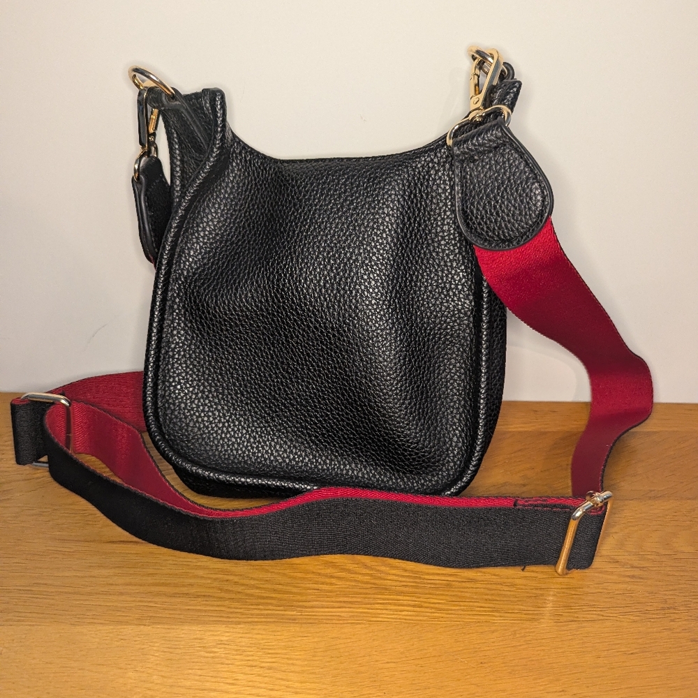 Black Faux Leather Mini Messenger Bag Black Red Strap